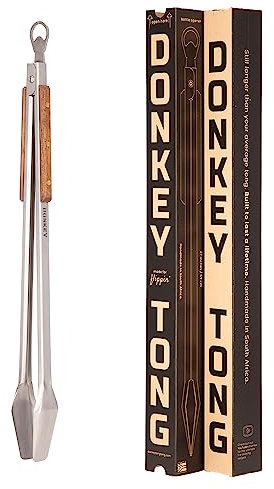 Robuste Grillzange, 68,6 cm, extra langes Grillwerkzeug zum Kochen, Räuchern und Grillen im Freien, handgefertigte, südafrikanische rostbeständige Edelstahl-Fleischzange mit Holzgriffen, Eselzange