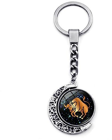 Porte-Clés Lumineux 12 Constellation - Porte-Clés Cabochon En Verre De Lune Rotatif À Double Face, Lion Vierge Balance Scorpion Sagittaire Signes Du Zodiaque Porte-Clés Bijoux
