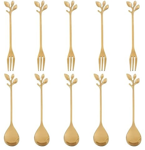 10Pcs Gold Leaves Tea Fork and Stainless Steel Leaf Dessert Spoons Stirring Mixing Gold Coffee Leaves Spoons for Coffee Dessert Afternoon Tea