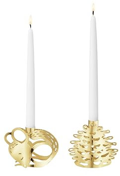 Georg Jensen 2023 Spitzkerzenhalter Set - 18 Karat Gold Plattiert Dekoration - Maus & Tannenzapf Geformt Kerzenhalter von Sanne Lund Traberg - 2 Stück