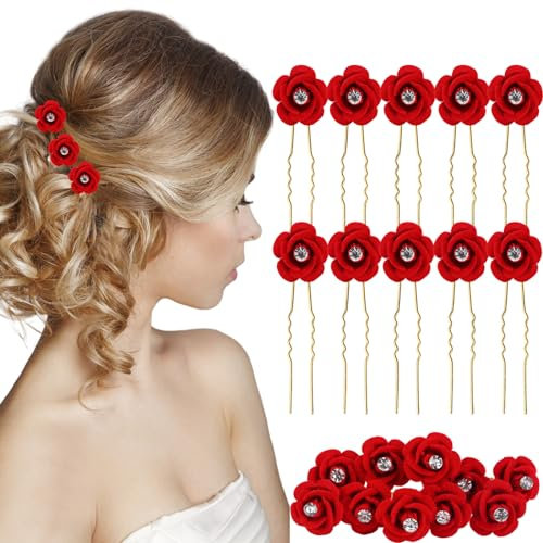 Sposa rosa rossa fiore forcine per capelli 10PCS Fermagli per capelli a forma di U in metallo Accessori per capelli da sposa Copricapo d'oro Perla capelli Bun (A)