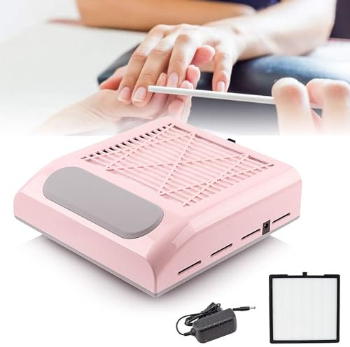 TriLine 80W Professional Nail Dust Collector, Electric Nail Dust Extractor Machine, Vacuum Cleaner Fan, for Home or Salon Manicure Tool, with Pad and Reusable Filters, Low Noise-UK Plug (Pink)