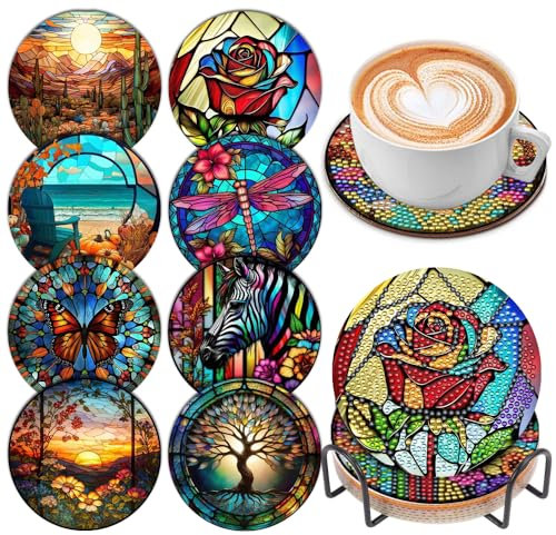 Brilliant Star Diamond Painting Coasters with Holder,8 Colorful Glass Stain 5D DIY Craft Kits - Round Full Drill Diamond Art Supplies for Adults Kids,Beginners
