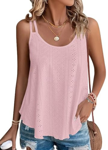 WNEEDU Camisetas sin Mangas de Verano para Mujer Chalecos sin Mangas para Mujer Top sin Mangas Loost Fit Camisas Casuales Chaleco Bordado con Ojales Blusas Cami Camisola Rosa Claro XL