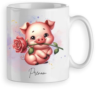 Mug tasse cochon mignon avec rose rouge personnalisable prénom cadeau original