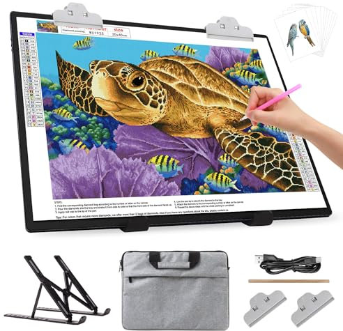 Leuchtkasten A3 mit Tasche/Ständer,3000-mAh-Akku,wiederaufladbares LED-Lichtpad, 3 Farben dimmbar und 6 Helligkeitsstufen, Leuchttisch für Diamantmalerei,Zeichnen, Skizzieren, Tätowieren, Vinyl-Jäten