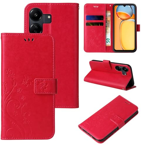LBH Handy Hülle für Xiaomi Redmi 13C Case Handytasche Schmetterling Blumen Flower Standfunktion Schutzhülle Magnet Rundum Schutz 360 Grad Flipcase Cover Rot