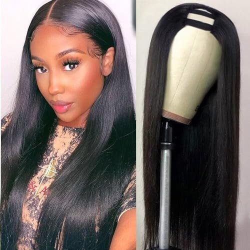 Tmbitto U Part Wig Human Hair 100% Brazilian Virgin Straight Wig, No Glue No Sew In, 26 Inch, Natural Black