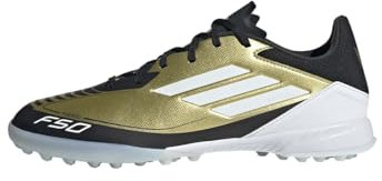 adidas Unisex Zapatilla de fútbol Messi F50 League moqueta, Gold Metallic/Cloud White/Core Black, 44