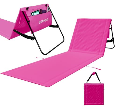 24MOVE® Strandmatte klappbar mit Verstellbarer Rückenlehne, Strandliege faltbar mit Schlaufen, Aufbewahrungstasche, Sonnenliege für Strand Garten, rosa