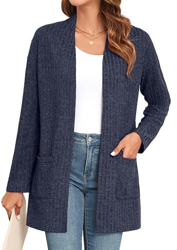 IWOLLENCE Cardigans for Women UK Long Sleeve Lightweight Cardigans Open Front Ribbed Knit Outerwear Cardigan Jumper with Pocket (Navy Blue, XL)