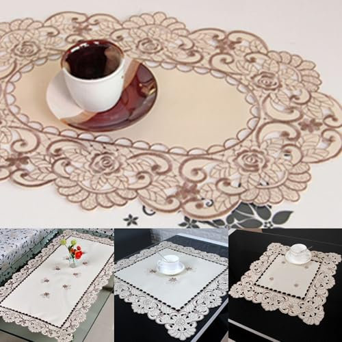 Schöne bestickte Spitzen-Tischdecke, weißer Satin-Stoff, perfekt für Feiern (3# (2# (rund 30 x 45 cm)