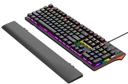 Annadue Tastiera da Gioco RGB, Tastiera Meccanica Cablata con Interruttore Blu da 104 Tasti con Poggiapolsi, Tastiera da Gioco Retroilluminata a LED RGB per PC Desktop Portatile