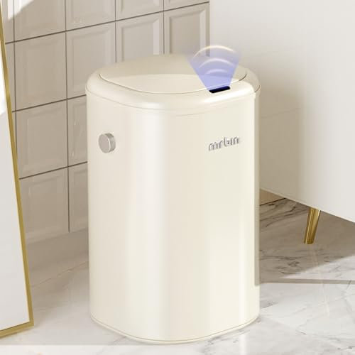 MRBIN Metal Automatic Tall Kitchen Trash Can with Lid, 18L / 4.8gal Slim Motion Sensor Waste Basket, Touchless Electric Garbage Bin for Office and Bathroom, Cream White