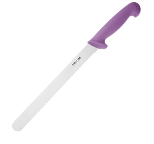 Hygiplas Serrated Slicer Purple 24.8cm - Strong and Durable Stainless Steel Blade Kitchen Knife for Raw Meat FX123