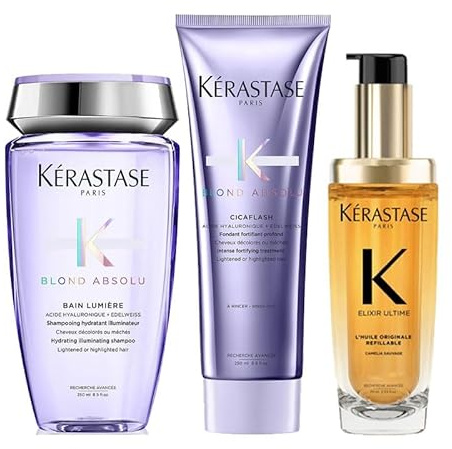 Kérastase Elixir Ultime L'Huile Originale Hair Oil 75ml, Blond Absolu Bain Lumière 250ml, Blond Absolu Cicaflash Conditioner 250ml