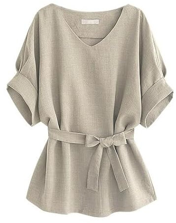 IQYU Damen Blusenshirt Elegant Festlich Longbluse Kurzarm Mit Gürtel Leinenbluse Einfarbig Wickelbluse Lange Blusen Sommer Oberteile Musselin Bluse Elegante Damenblusen Tailliert Hemdbluse