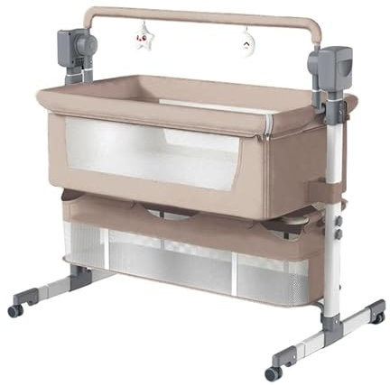 MoLi Beistellbett Baby mit Rollen, Convertible Faltbar Co-Sleeping Babybett, Stubenwagen Baby Kleinkind Wiege mit Musik, Fernbedienung und 5-schwankende Zahnräder (601 Beige)