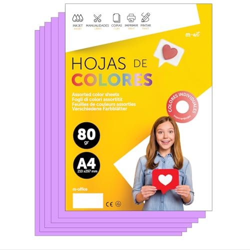 Folios De Colores A4 80g Para Impresoras y Manualidades, Papel Surtido Para Niños, Paquete Folios Colores Para Tarjetas, Escuela y Proyectos Creativos · m-office (50h, Lila)