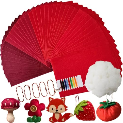 40 Stück Filz zum Basteln,4 Verschiedene Rote Farben von Bastelfilz 1mm | Filz Rot,20x30cm Filzstoff zum Nähen,Inkl. Nähzubehör,Bastelwatte,Kugelkette,Filzplatten für DIY,Nähen Kinder