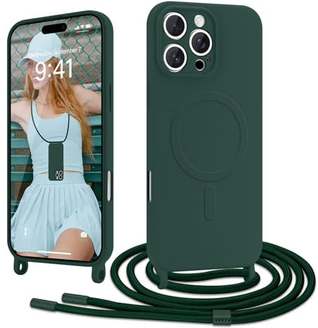 Ethanger Handyband für iPhone 16 Pro Max Hülle mit Band [Kompatibel mit Magsafe] Flüssig Silikon Necklace Handyhülle Magnetische Schutzhülle zum Umhängen Kordel für iPhone 16 Pro Max Grün