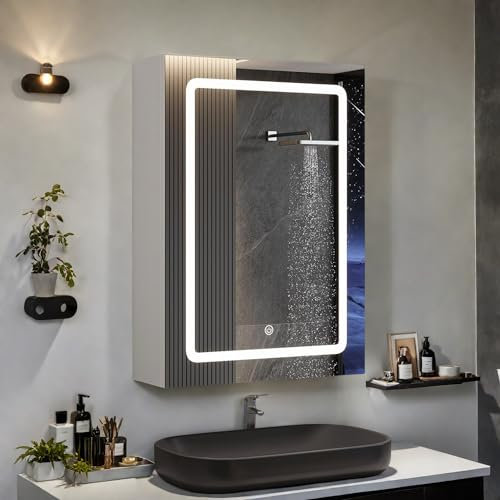 LKPOMI Badezimmer spiegelschrank mit Beleuchtung, 3 Lichtfarbe Einstellbar, LED Spiegelschrank Bad, Badschrank hängend mit Spiegel, Berührung Sensorschalter (Weiß, 50x70cm)