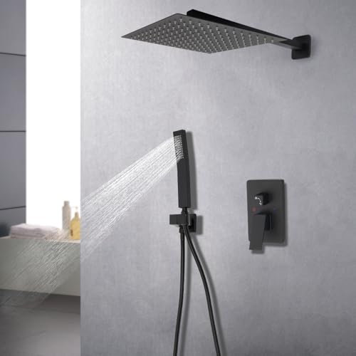 ERnonde - Juego de ducha de lluvia para montaje en pared, grifo de ducha empotrado negro con alcachofa de mano, alcachofa y tubo suave, accesorios de ducha multifuncionales