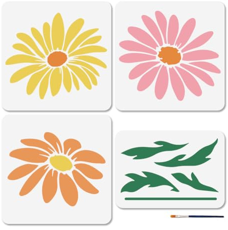 MAYJOYDIY 4 große Gänseblümchen Schablonen Wiederverwendbare Frühlingsblumen Schablone Zum Malen 29.7 × 21/30 × 30cm Kunsthandwerksvorlagen Mit Pinsel Für Fenster Holz Wände Heimgeschenk Dekoration