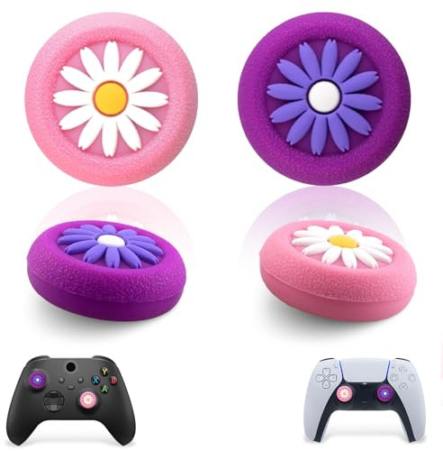 SoAegis Niedliche Blumen-Daumengriffe aus Silikon, Joystick-Kappen für PlayStation 4/5, Xbox Series X/S, Xbox One und Switch Pro Controller (Pink und Lila)