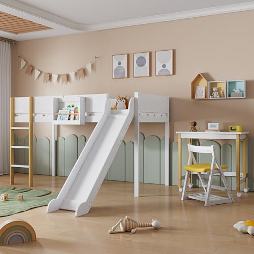 Soweiz Hochbett, Etagenbett mit dreistufiger gerader Leiter, Jugendbett mit Rutsche und Tisch, mit abnehmbarem Regal, Kiefer+MDF, Weiß+Natur, 90x200cm