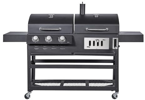 BBQ Kingdom Dual Fuel Gas and Charcoal Barbecue Grill, Large BBQ with 3 Burners, Mobile Cart with Wheels, Side Tables, Storage Shelf, Warming Racks, Adjustable Height, Chimney, Black, Cover & Hose