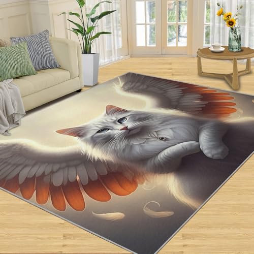 QDJKBL Teppich mit Cartoon-Katzenmotiv, Flügel, Kätzchen, Schlafzimmerteppich, süßer Katzen-Tier-Wohnzimmerteppich, weicher und bequemer Teppich für Wohnzimmer, Büro, Familie und Haustier 70x140 cm