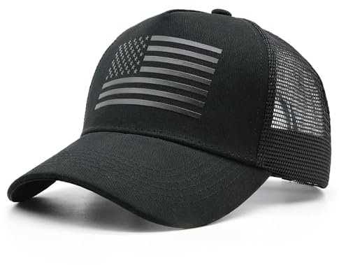 WALNOVA American Flag Trucker Cap, Adjustable Mesh Snapback USA Flag Baseball Cap for Men Women, Black