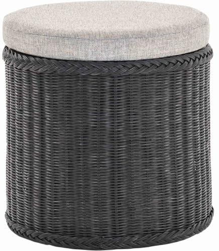 Rattan Wäschekorb Wäschetruhe Sitz gepolstert Flur-Bank Aufbewahrungsbox mit Deckel Bad-Hocker Sitzhocker Wäschesammler Sitz-Truhe Natur (Schwarz, Rund)