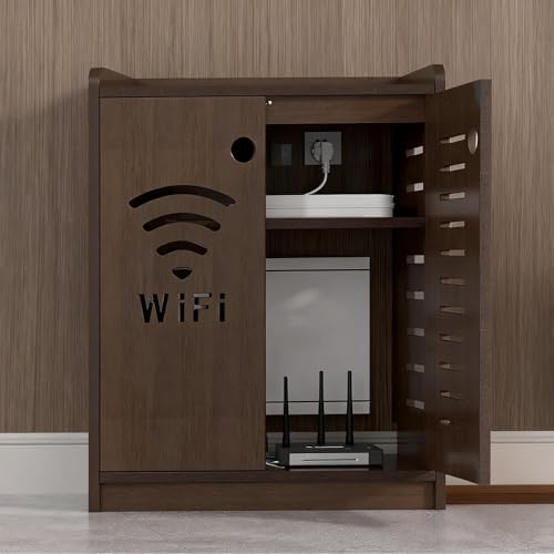 HARELA Armadietto portaoggetti per Router WiFi, Scatola portaoggetti da Pavimento per Router e Modem, Mobiletto per archiviazione multimediale per casa e Ufficio(Brown,50x60x25cm)