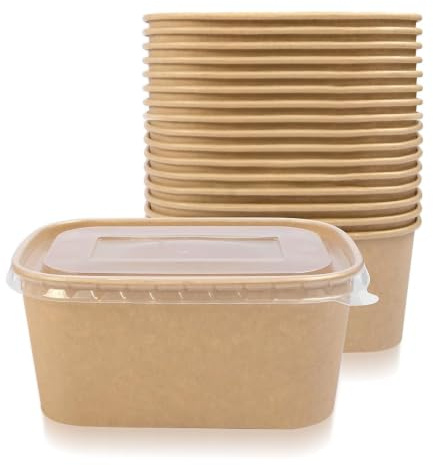 ECONX 50 X 1000ml Kraft Food Containers with Plastic Lids PP Rectangular Takeaway Food Box Heavy-Duty | Leakproof and Oil-Proof Kraft Paper Salad Box Bowls Deli Tubs for Lunch Restaurants, Parties