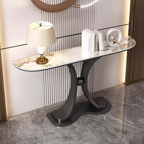 Couchtisch hinter dem Sofa, schmal, Heimdekoration, leicht, luxuriös, Steinplatte, Flurtisch mit schwarzem Metallstützfuß und Rahmen, Eingangstische für Flur, Schlafzimmer, Wohnzimmer, Foyer