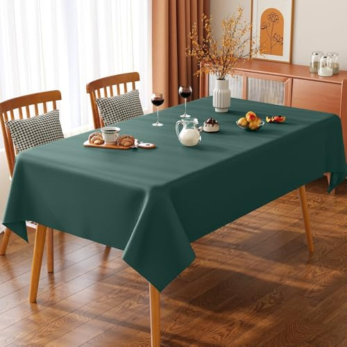 FANSU Waterproof Oilcloth Tablecloth, Garden Outdoor Tablecloth Rectangular Oil Proof PVC Plastic Table Cloth Solid Color Table Cloths for Party Kitchen Dining Picnic (Dark Green,140x220cm)
