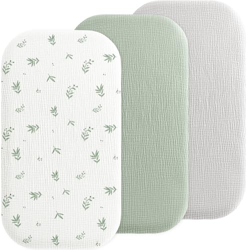 Susurration 3er Set Musselin-Baumwolle Spannbettlaken 84x43cm, Universelle Kinderwagen Spannbettlaken Stubenwagen Matratzenschoner für Jungen und Mädchen (Graugrüne)