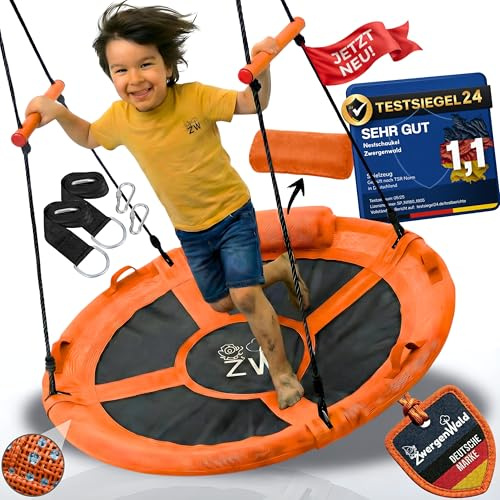 Nestschaukel Outdoor 110 cm, Kinderschaukel, Schaukel Indoor Kinderzimmer, Schaukel Outdoor mit Kissen & Montageset, Stehgriffe & Halteschlaufen, 2 Kinder, für Erwachsene 150Kg, Tellerschaukel, Orange