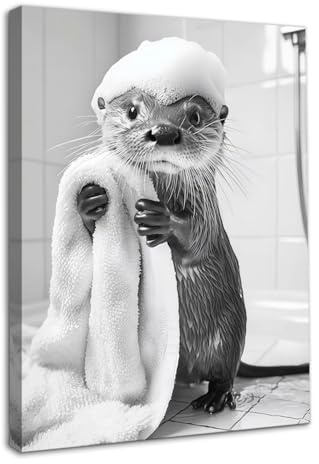 Dazzlewall Komische Otter Badezimmer Wanddeko, Schwarz-Weiß Seifenschaum-Kuscheltier Otter mit Handtuch Wandbilder Mit Rahmen 30x40 cm