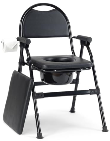 Meadowcare Folding Commode Chair with Padded Oval Seat, Removable Lidded Bucket, Height Adjustable, Non-Slip Feet, No Assembly Required