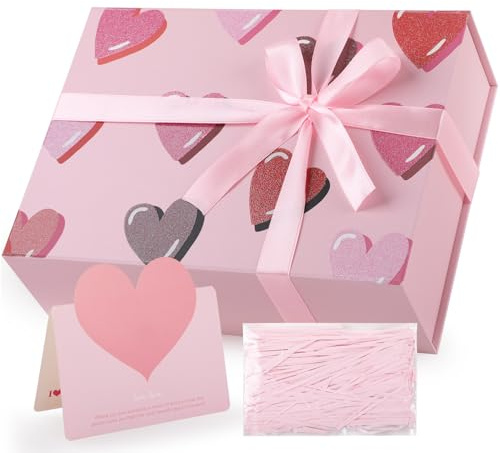 Manlyee Rosa Geschenkbox, Geschenkboxen für Presents with Lids/Band/Papier Grußkarte, 36 * 19 * 8cm Rectangle Collapsible Party Favor Box mit für Hochzeit, Geburtstag, Muttertag - Herzsymbol