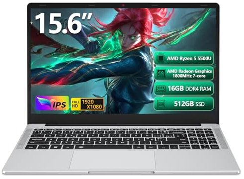 Laptop, Laptop Computer AMD Ryzen 5 5500U 6-Core, 16GB RAM 512GB SSD, 15.6 Inch Laptops with 1080P FHD, Win 11 Pro, Radeon Graphics, 180° Open, Backlit KB, USB-C PD, Gray Thin & Light PC Lap top