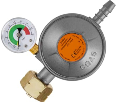 TAMS Gasdruckminderer 37 mbar mit Manometer und EFV-Sicherheitsventil, Gasdruckregler 1,5 kg/h, W21,8 LH, 9 mm Schlauchanschluss, EN16129, für Gasflasche, Grill, Herd und Heizgerät