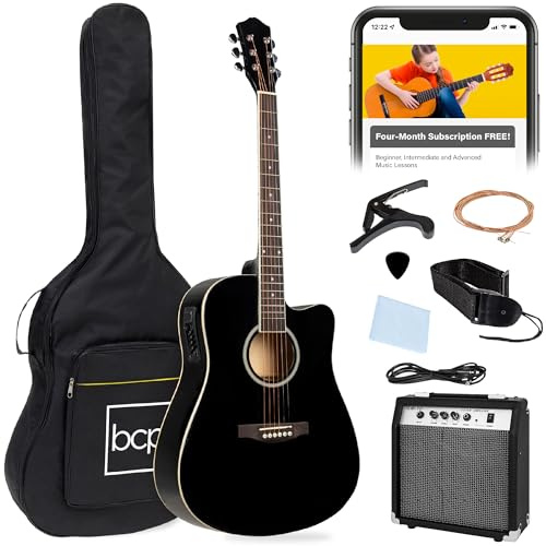 Best Choice Products juego de instrumentos musicales para guitarra acústica eléctrica de madera de tamaño completo de 41 pulgadas con amplificador de 10 vatios, cejilla, sintonizador electrónico,