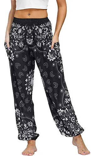 Nuofengkudu Donna Harem Yoga Pantaloni Vita Alta con Tasconi Thai Estivi Baggy Aladin alla Turca Boho Etnici Vintage Stampa Pilates Pants Vacanza Estate Beach(Y-Fiore retrò,Taglia Unica)