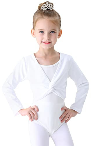 Soudittur Cache-Coeur de Danse Classique en Coton Hauts de Danse Manches Longues pour Enfants Filles Femmes (Blanc, 135-145 cm)