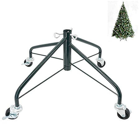 ELFJOY Christmas Tree Stand with Swivel Caster Wheels for 3-7ft. Artificial Tree Base 17inch, Christmas Tree Iron Stand, 7/8inch Inner Diameter, Movable Tree Base, Green Tree Stand (Green)