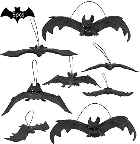 Halloween Chauve Souris, 8PCS Chauves-Souris Suspendues d'Halloween, Réaliste Effrayant Chauves Souris Halloween, Chauves-Souris Caoutchouc 3D pour Deco Halloween Interieur Exterieur